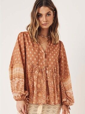 Spell Utopia Blouse Cinnamon XXL Boho Floral Organic Cotton Peasant Top